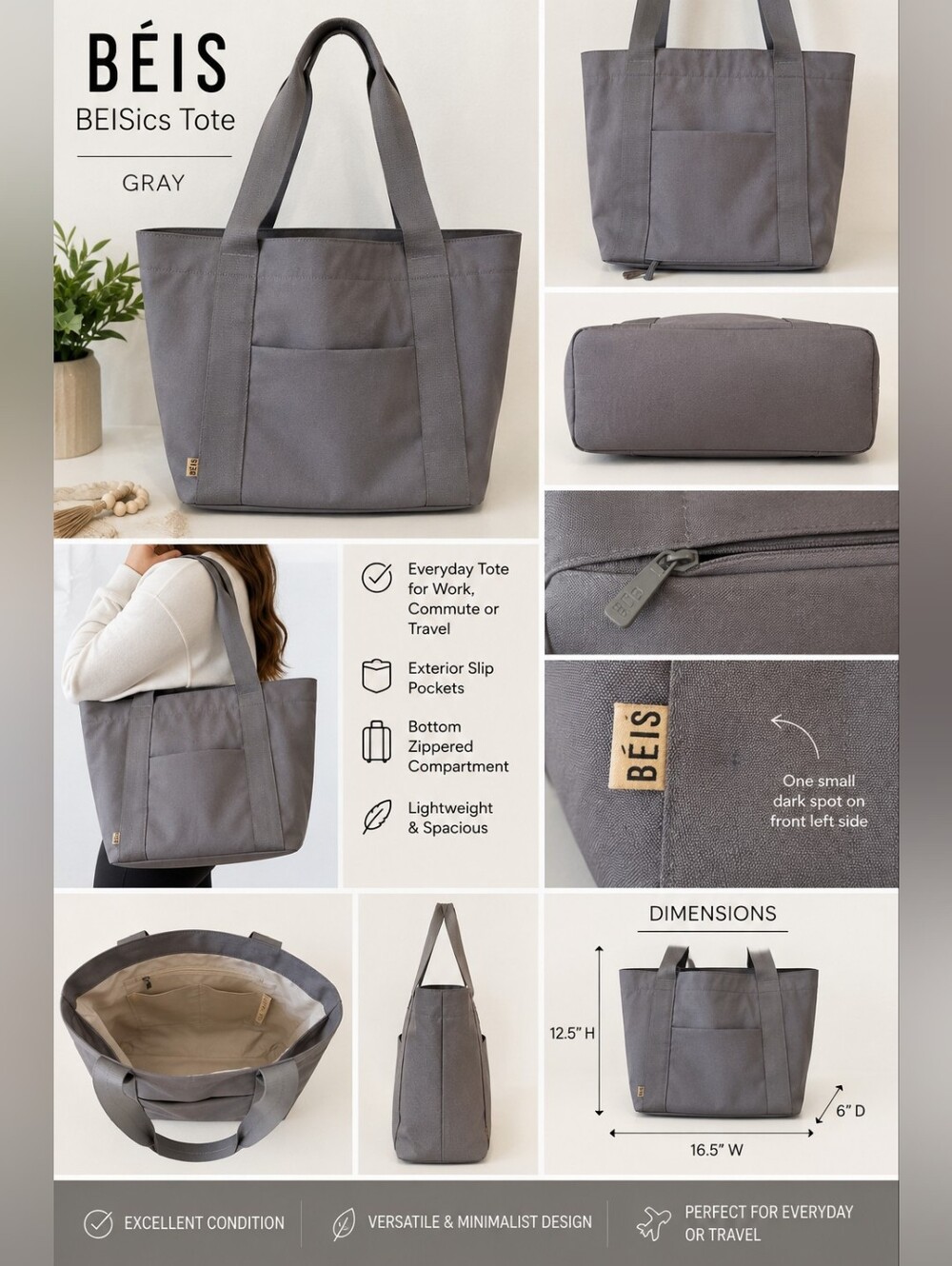 BÉIS BEISics Tote Bag Gray | Everyday Work Travel Tote